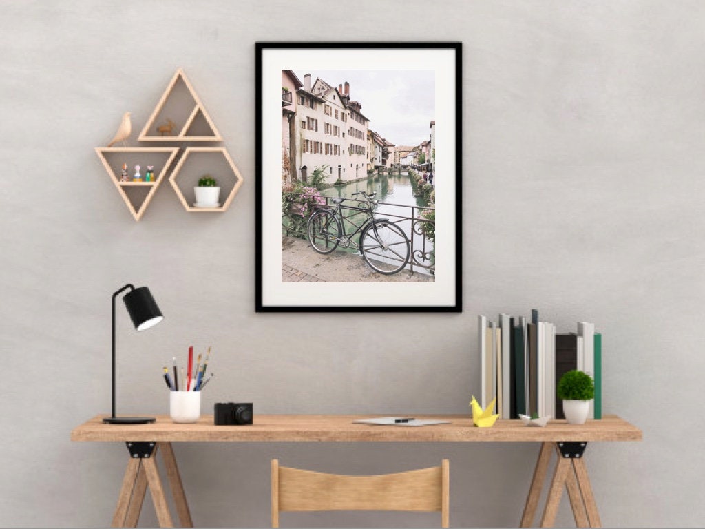 Annecy France Photography: Retro Bicycle, Pastel Houses (Digital Download)