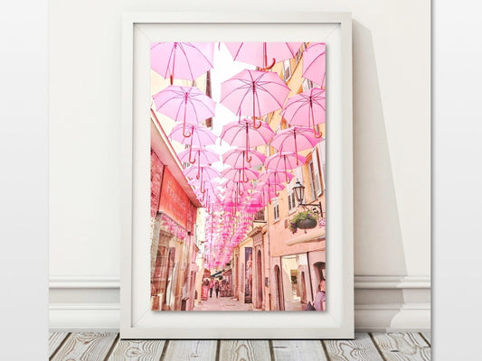 French Village Photo, Pink Umbrella Art, France Travel Photo, Pastel Village, Europe Street Photo, French Architecture, French Village Decor