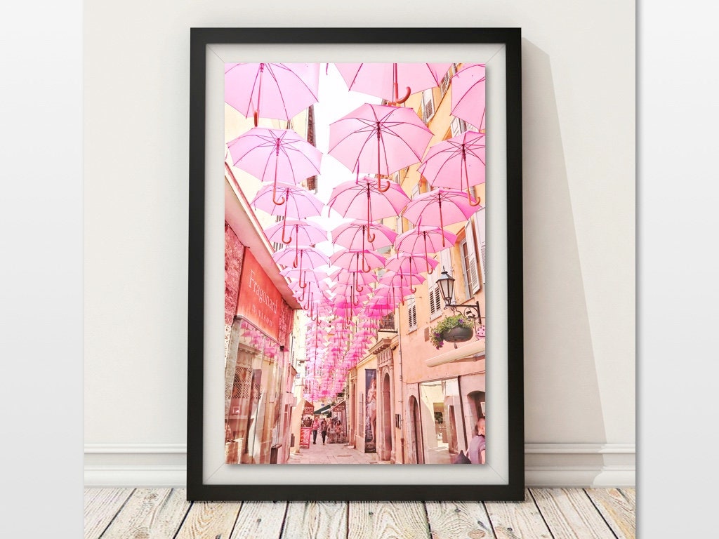French Village Photo, Pink Umbrella Art, France Travel Photo, Pastel Village, Europe Street Photo, French Architecture, French Village Decor