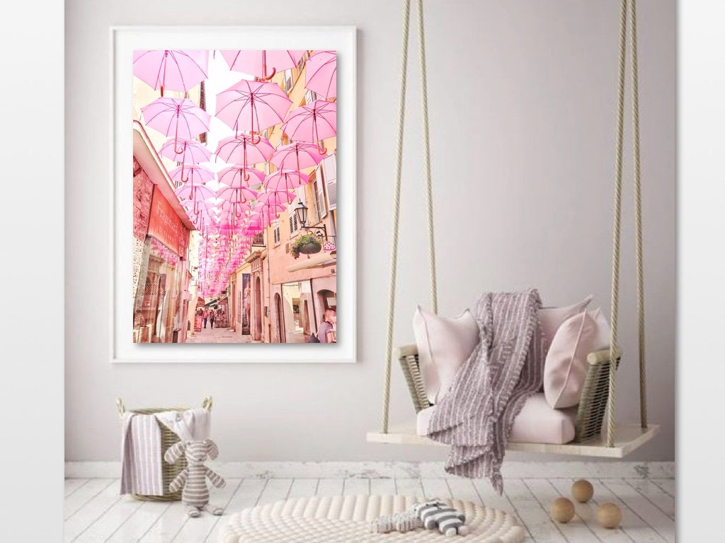 French Village Photo, Pink Umbrella Art, France Travel Photo, Pastel Village, Europe Street Photo, French Architecture, French Village Decor