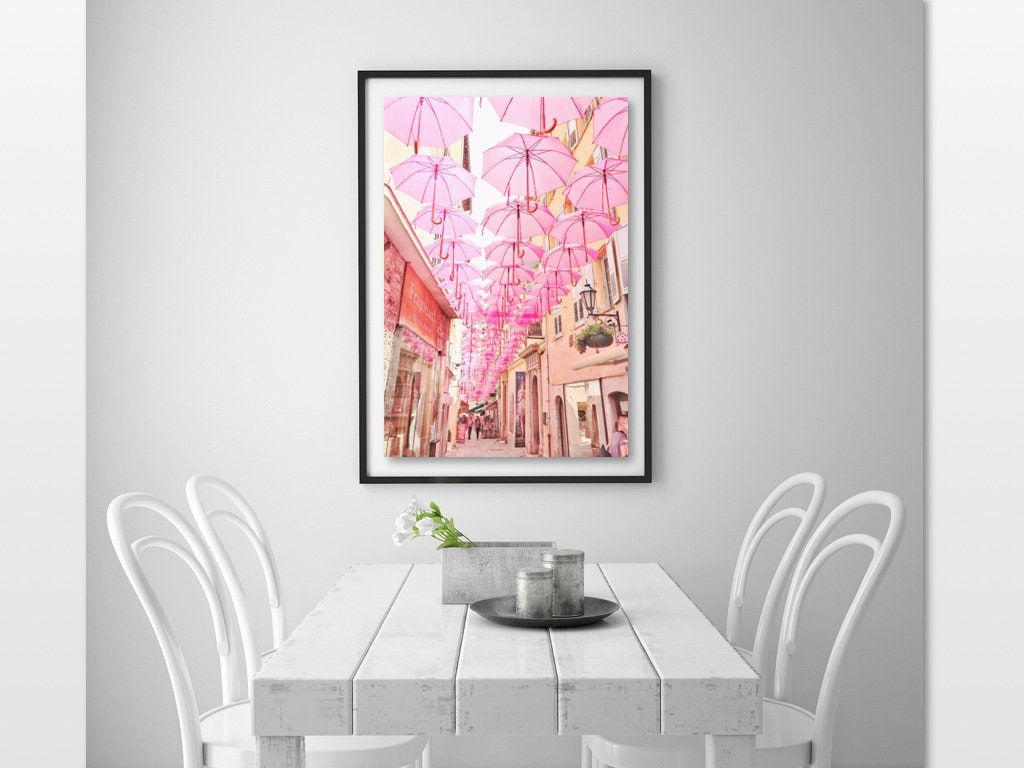 French Village Photo, Pink Umbrella Art, France Travel Photo, Pastel Village, Europe Street Photo, French Architecture, French Village Decor