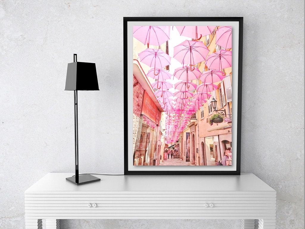 French Village Photo, Pink Umbrella Art, France Travel Photo, Pastel Village, Europe Street Photo, French Architecture, French Village Decor