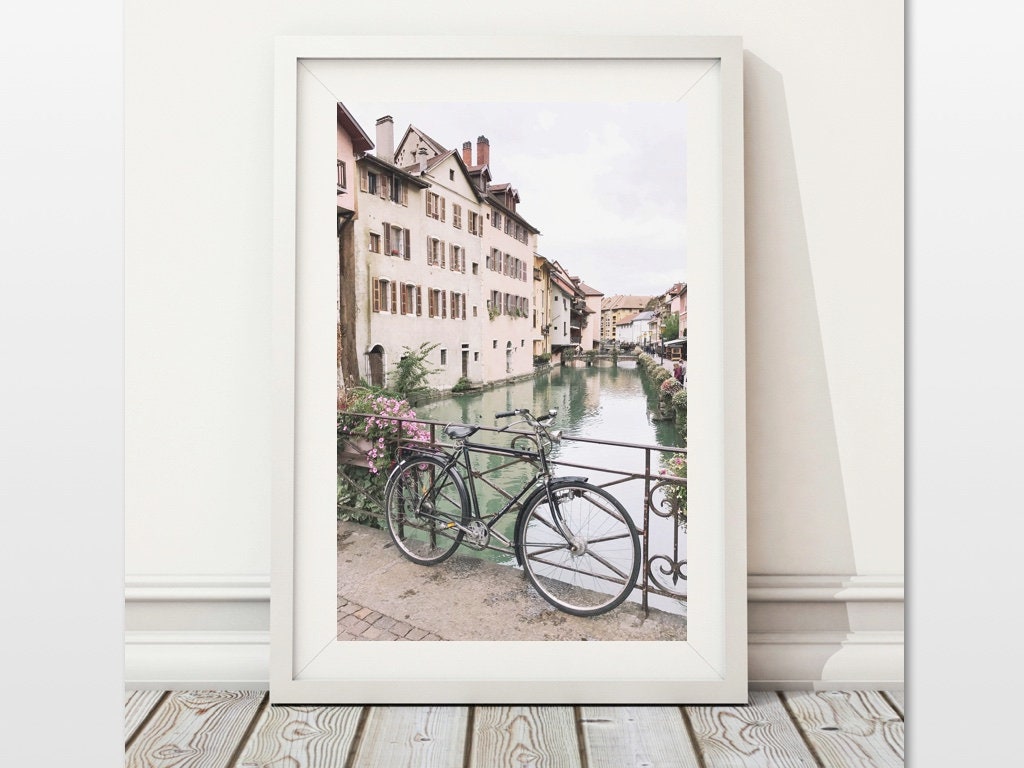 Annecy France Photography: Retro Bicycle, Pastel Houses (Digital Download)
