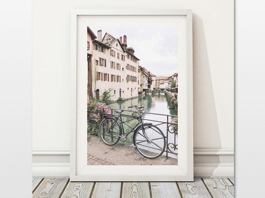 Annecy France Photography: Retro Bicycle, Pastel Houses (Digital Download)