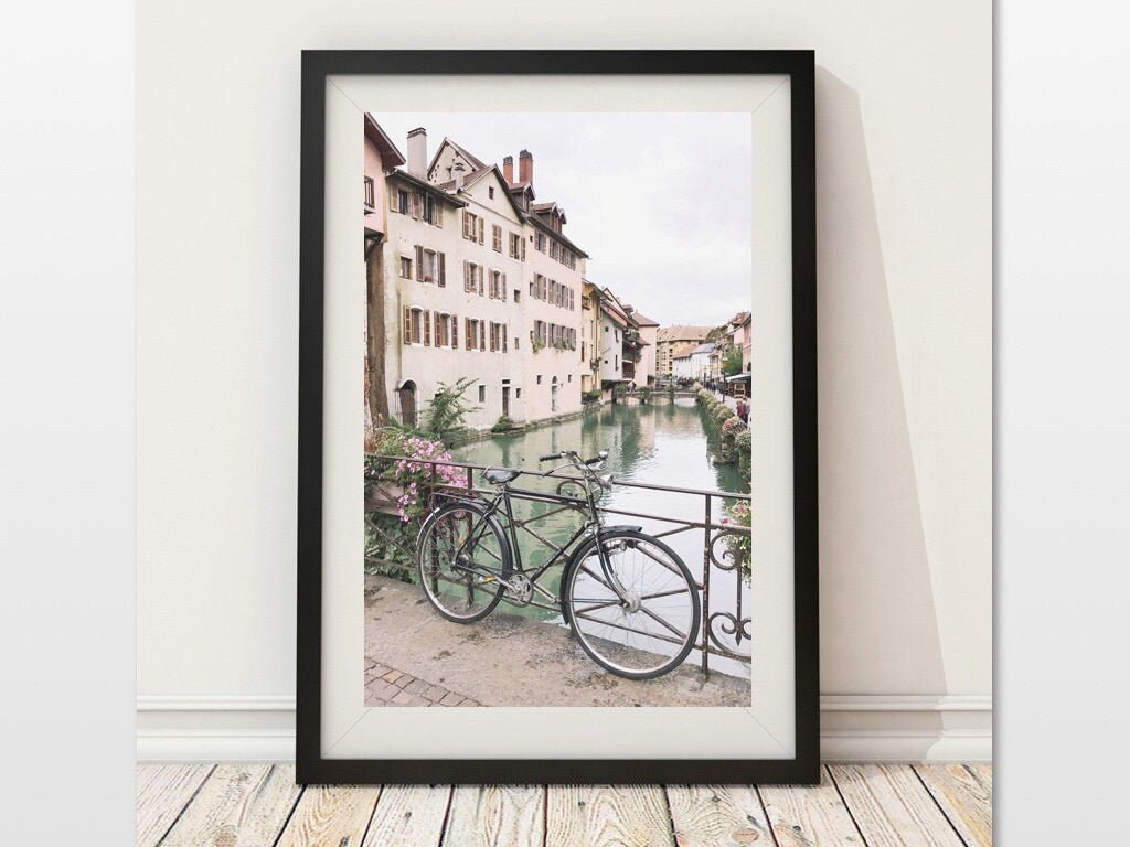 Annecy France Photography: Retro Bicycle, Pastel Houses (Digital Download)