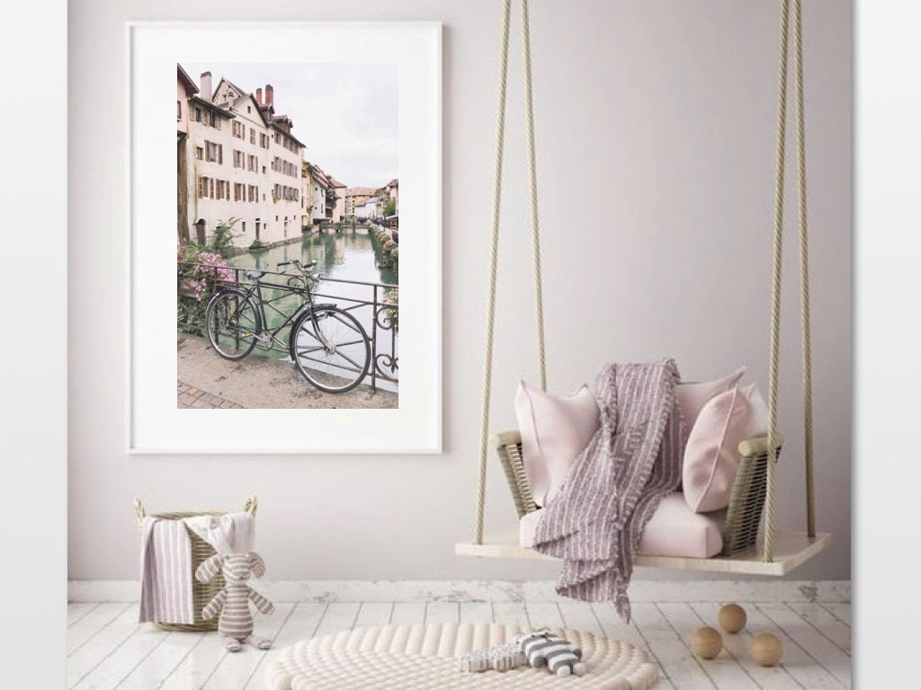 Annecy France Photography: Retro Bicycle, Pastel Houses (Digital Download)