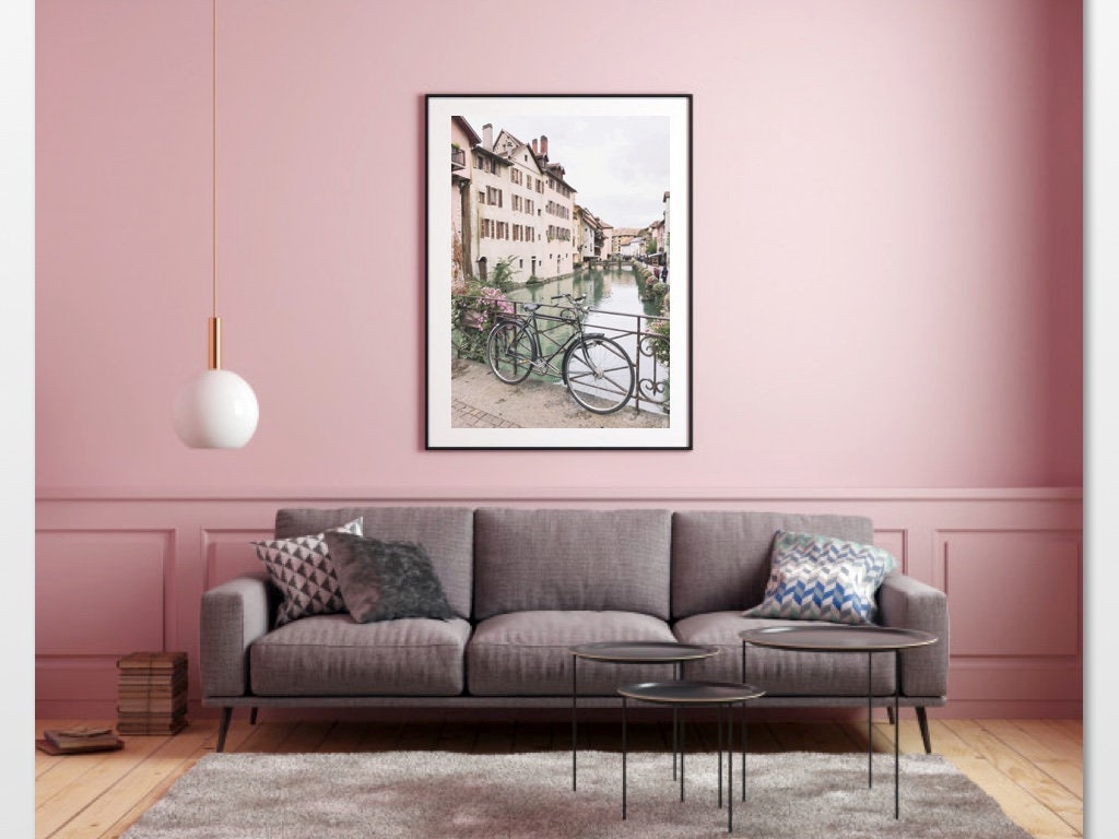 Annecy France Photography: Retro Bicycle, Pastel Houses (Digital Download)
