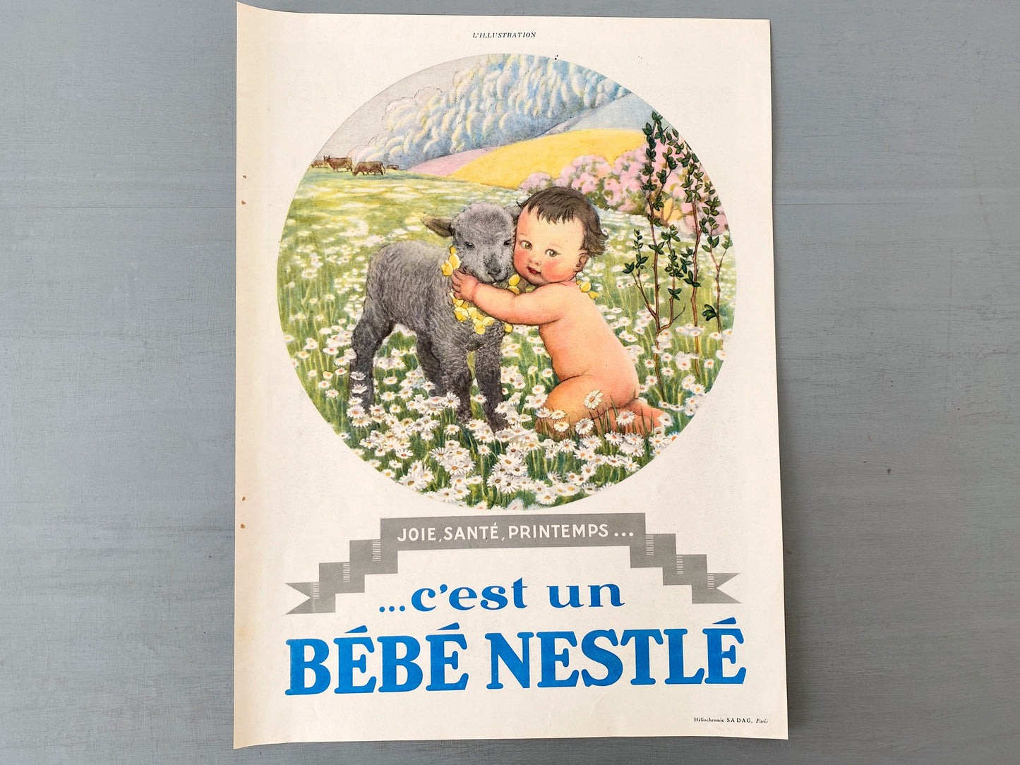 Authentic 1930s French Vintage Nestle Ad Poster: Rustic Baby & Lamb Print, Ready to Frame