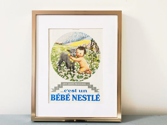 Authentic 1930s French Vintage Nestle Ad Poster: Rustic Baby & Lamb Print, Ready to Frame