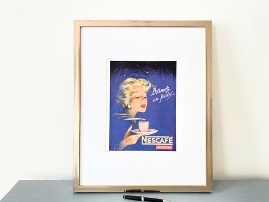 Authentic 1950s Vintage Nescafe Ad Print: Retro Woman with Coffee, Signed Pierre Couronne