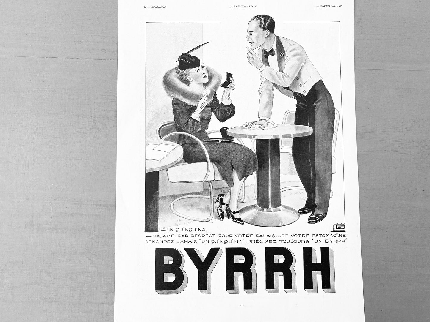 Authentic 1930s Vintage Byrrh Alcohol Advertisement Poster, Funny Paris Bar Scene Print