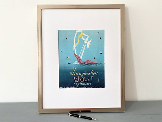 Original 1940s French Vintage Perfume Advertisement Print, Retro Paris Style Blue Bathroom Wall Art Decor