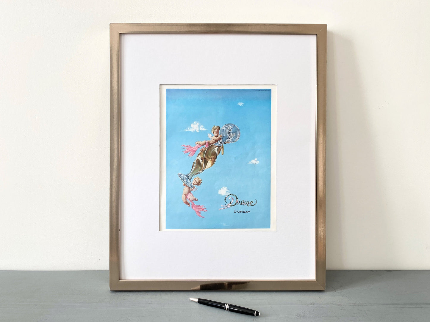 Authentic 1940s Vintage French Perfume Print with Angels: Vogue Retro Mid-Century Advertisement