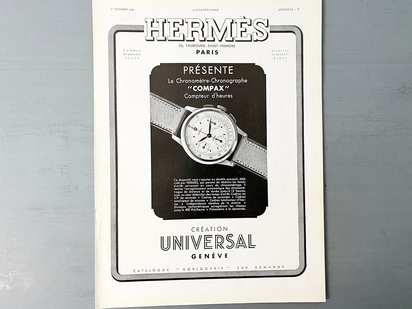 Authentic 1930s Vintage Hermes Watch Ad Print: Original French Luxury Poster