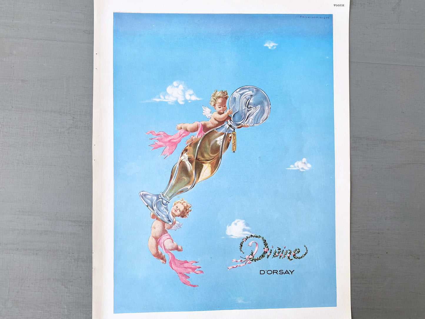 Authentic 1940s Vintage French Perfume Print with Angels: Vogue Retro Mid-Century Advertisement