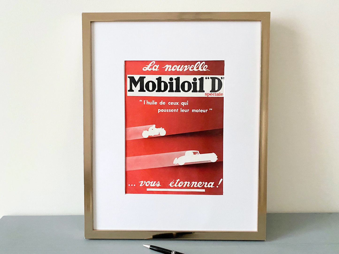 Authentic 1930s French Vintage Mobiloil Advertisement Poster: Mid-century Automobile Garage Walll Art