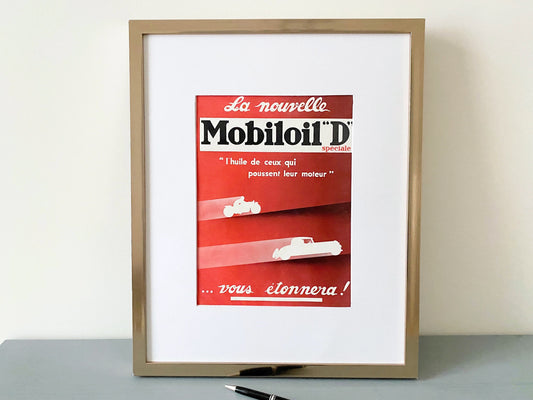 Authentic 1930s French Vintage Mobiloil Advertisement Poster: Mid-century Automobile Garage Walll Art