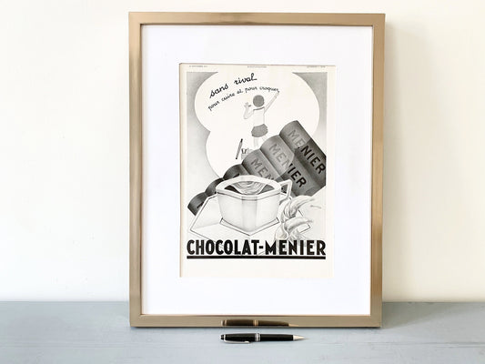Authentic 1930s Vintage French Chocolate Menier Ad Poster: Retro Kitchen Decor