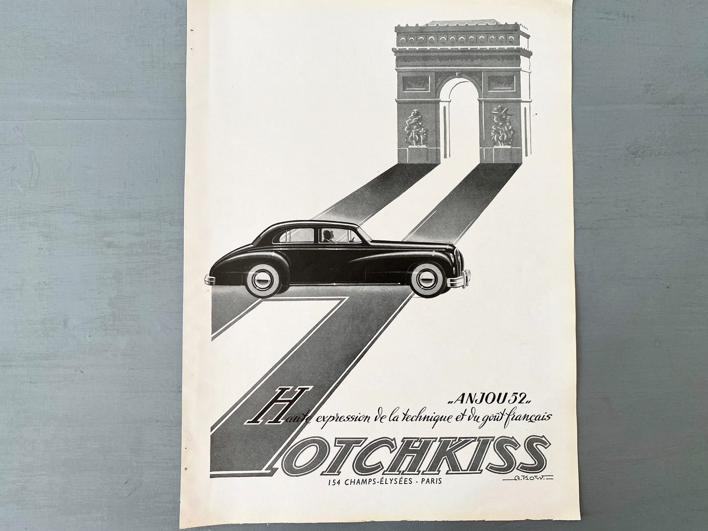 Authentic 1940s Vintage French Car Print: Hotchkiss Automotive Ad, Arc De Triomphe Art