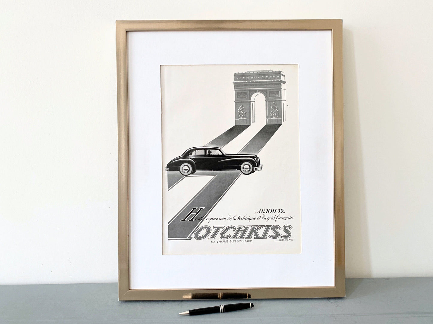 Authentic 1940s Vintage French Car Print: Hotchkiss Automotive Ad, Arc De Triomphe Art
