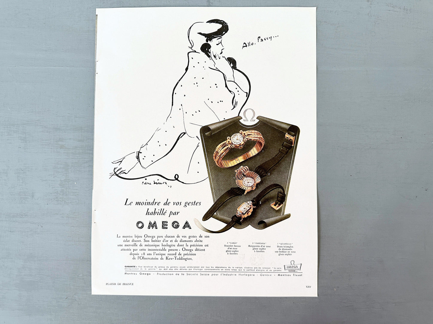 Authentic 1950s Vintage Omega Watch Ad Poster: Pierre Simon French Woman Illustration Print