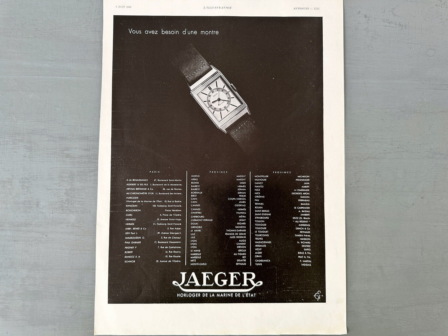 French Authentic 1930s Vintage Jaeger Lecoultre Watch Advertisement Print