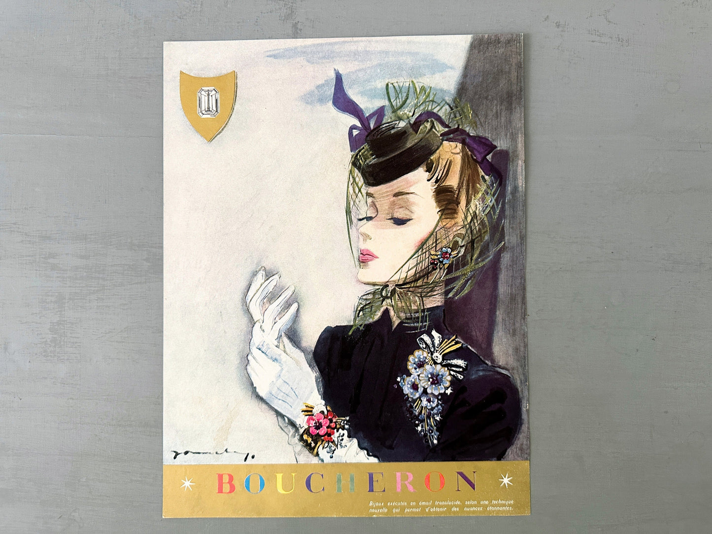 Authentic 1940s Vintage Boucheron Jewelry Ad Print: Signed Jacques Demachy, Paris Fashion