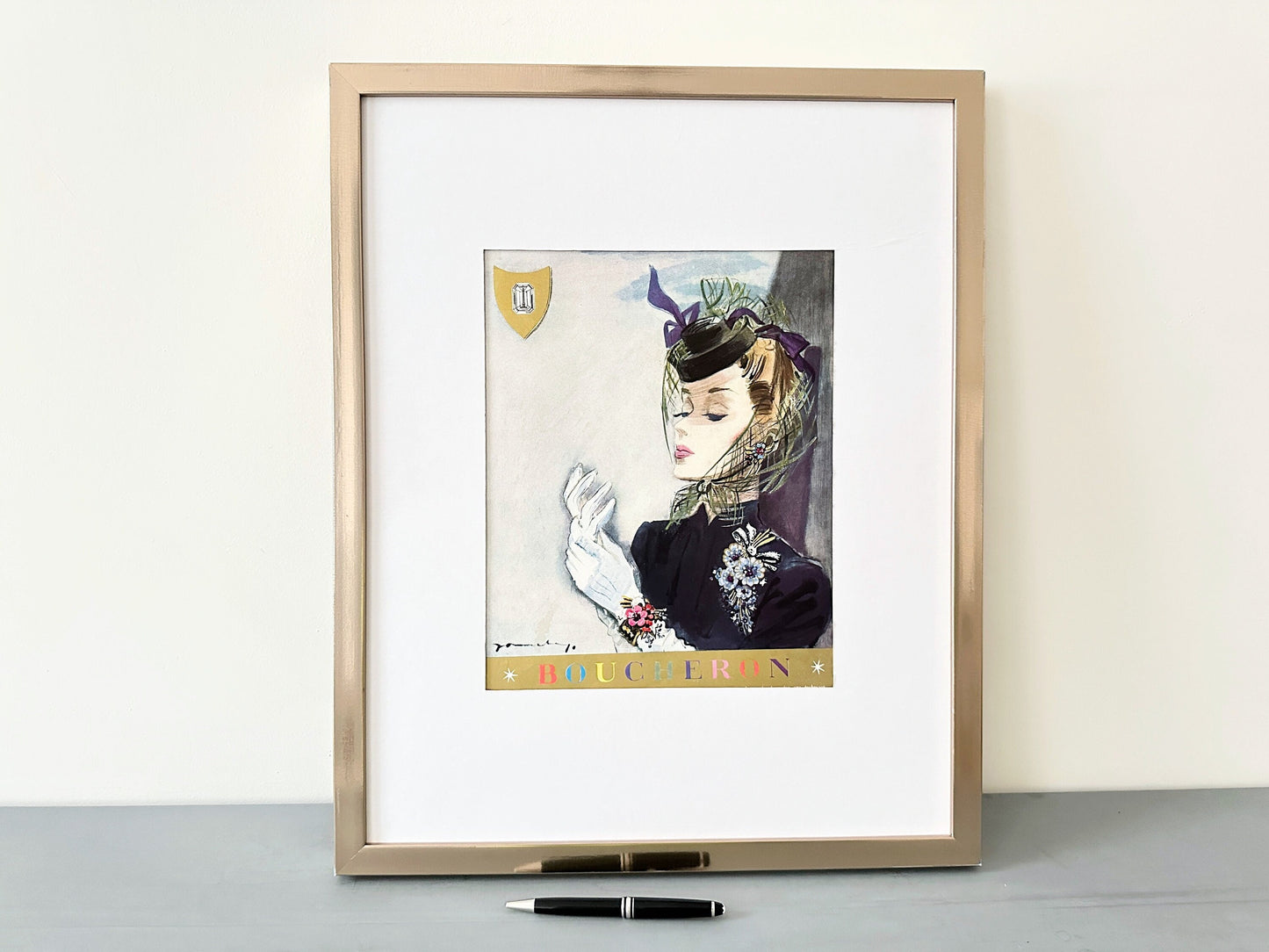 Authentic 1940s Vintage Boucheron Jewelry Ad Print: Signed Jacques Demachy, Paris Fashion
