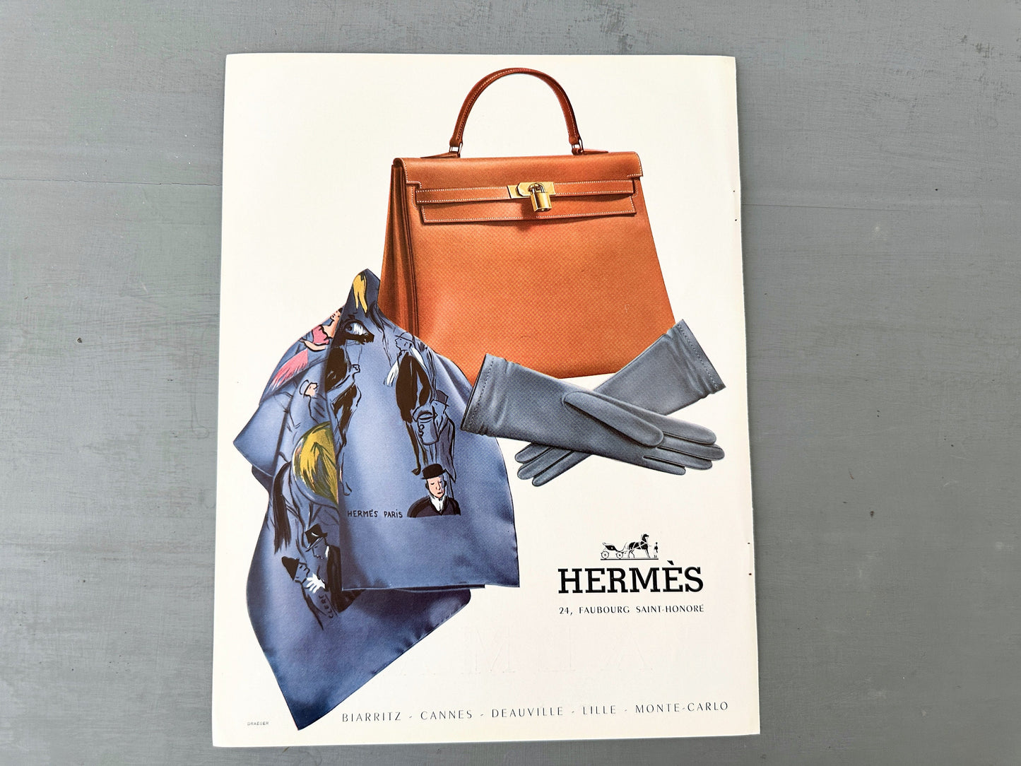 Authentic 1950s French Vintage Hermes Advertisement Poster, Luxury Kelly Bag Fashion Print