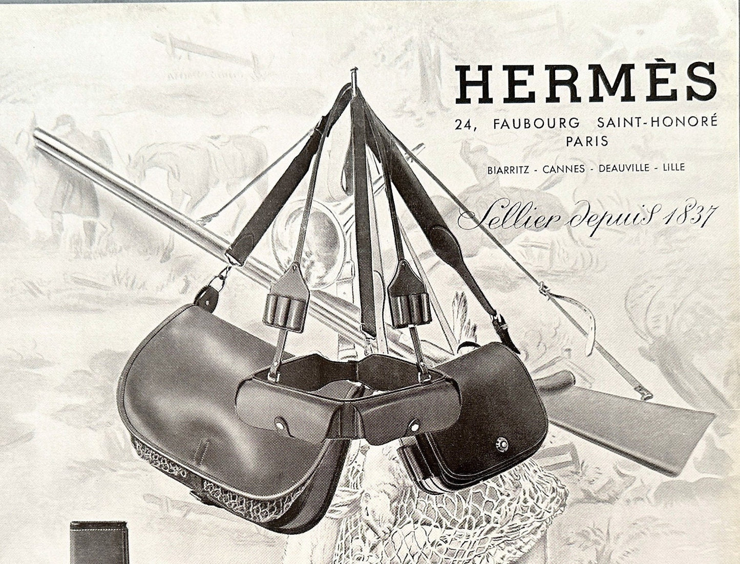 Authentic 1950s French Vintage Hermes Advertisement Poster: Original Travel and Hunting Bag Fashion Print