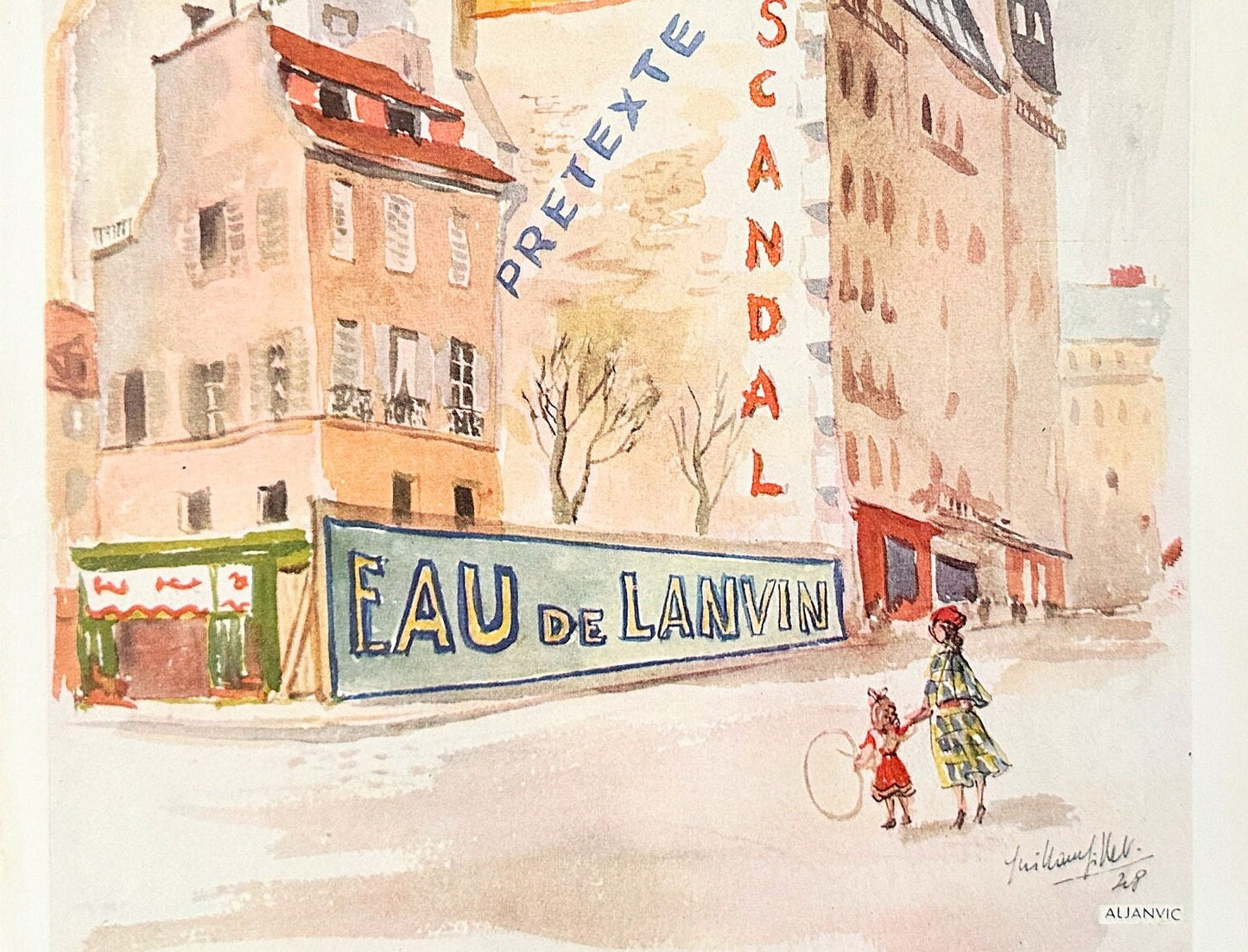 Authentic 1950s Vintage Lanvin Perfume Ad Print: Signed G Gillet, Parisian Street Wall Art