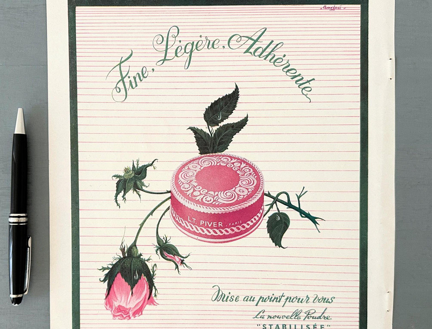 Authentic 1950s Vintage LT Piver Powder Ad Print, French Rustic Rose Floral Poster