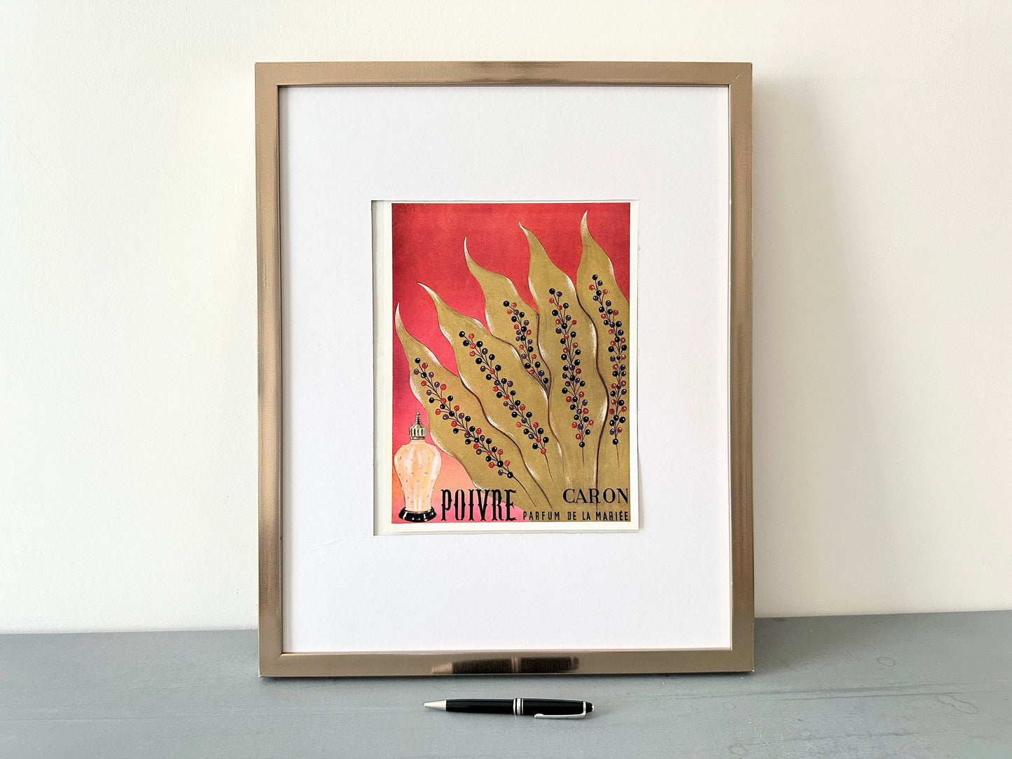 Authentic 1950s Vintage Caron Perfume Ad Print: French Gold Ink Wall Art Poster