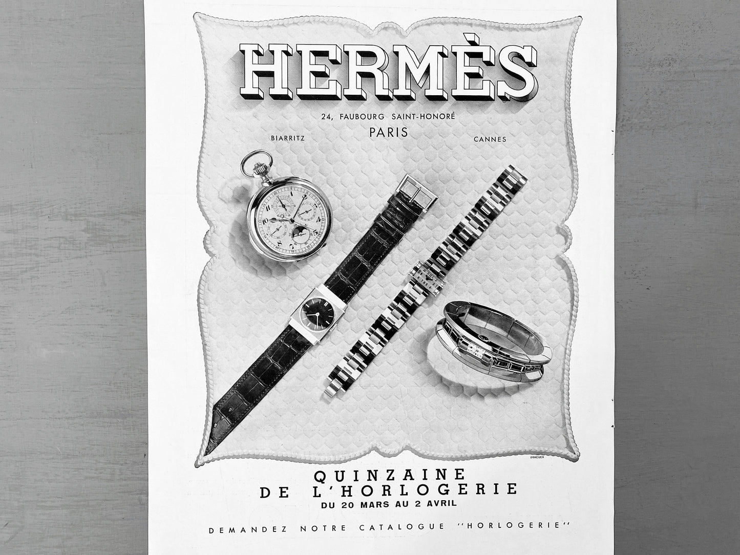 Authentic 1930s Vintage Hermes Watch Advertisement Print, Mid Century Glam Room or Office Wall Poster