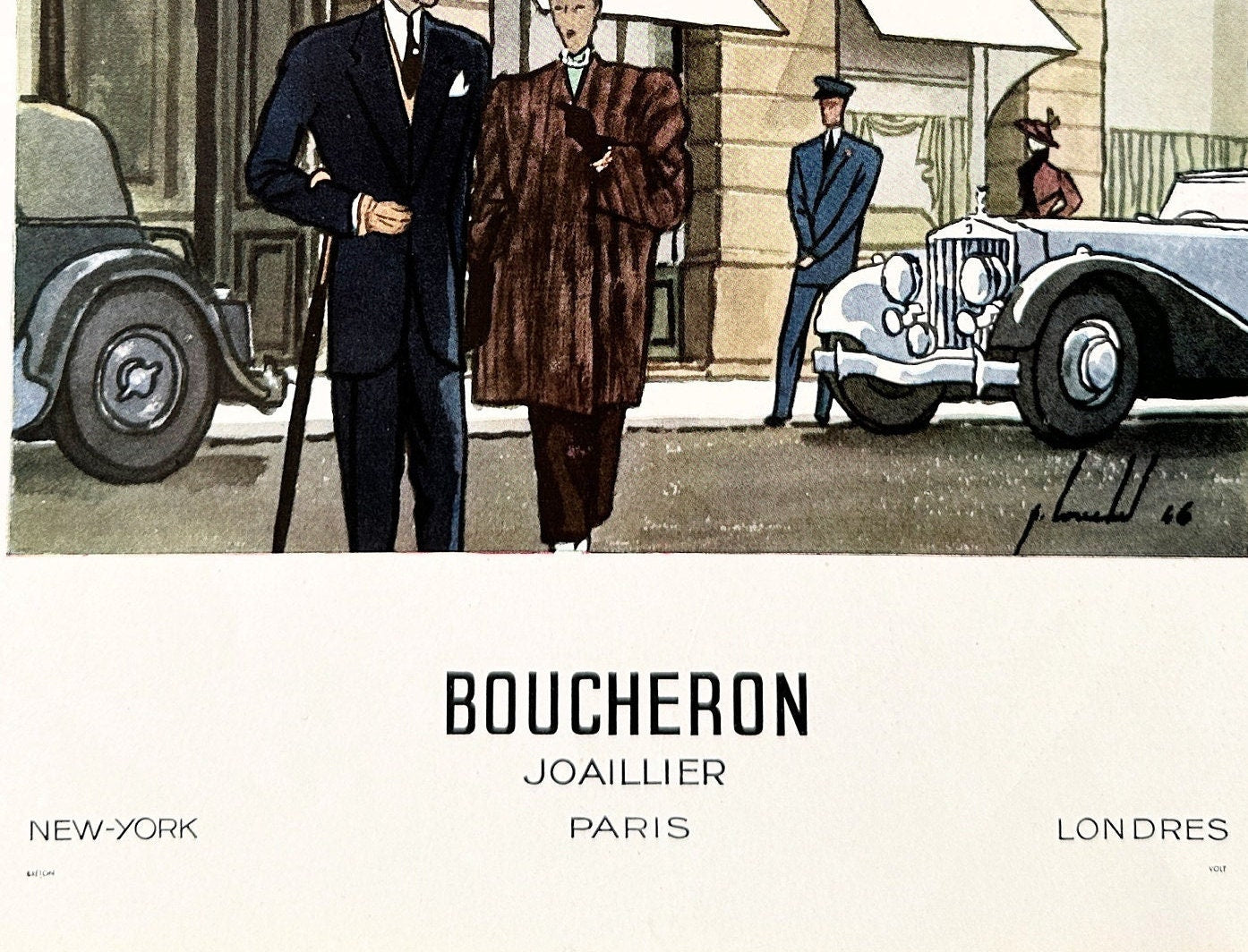 Authentic 1940s Vintage Boucheron Jewelry Ad Print: Paris Fashion, Mid-Century Glam Poster