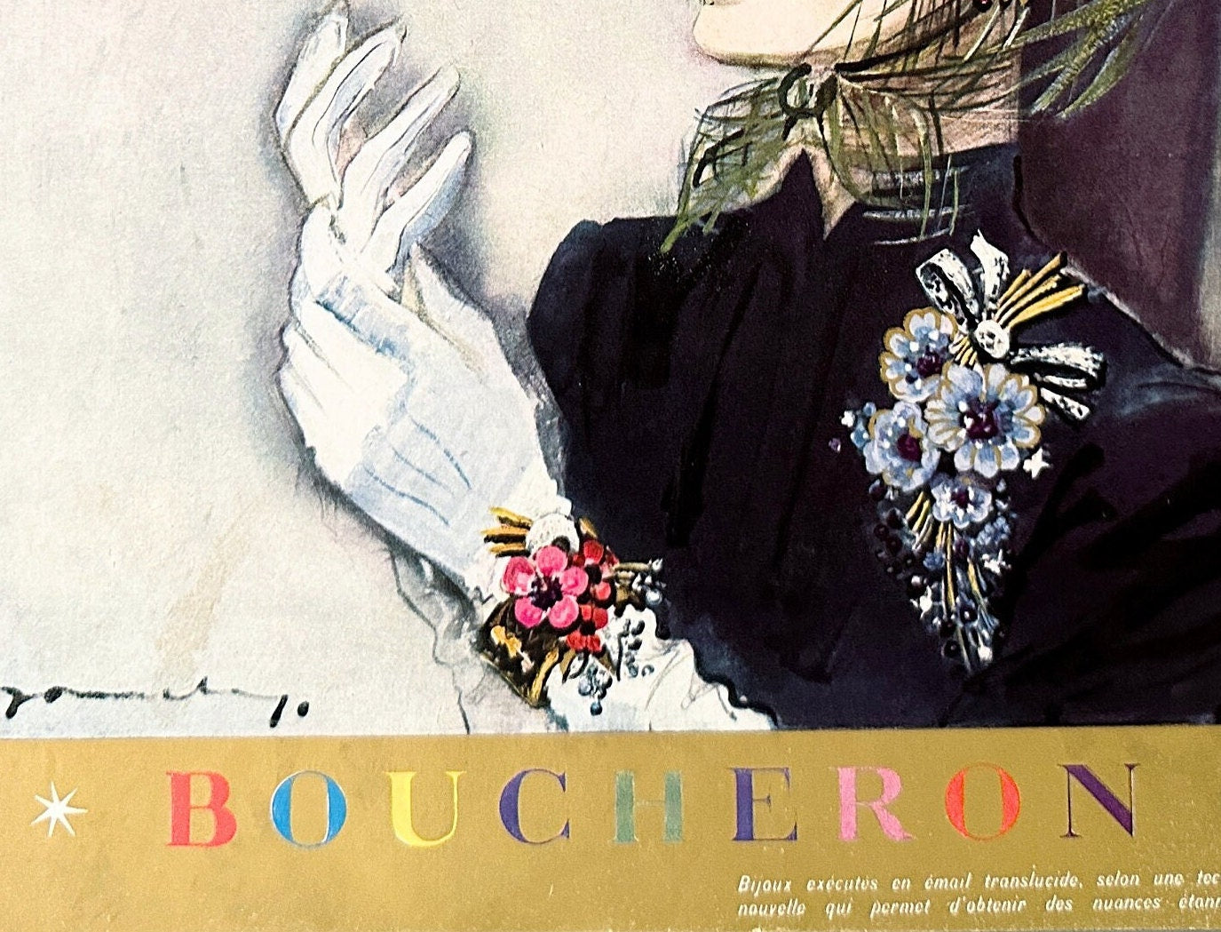 Authentic 1940s Vintage Boucheron Jewelry Ad Print: Signed Jacques Demachy, Paris Fashion