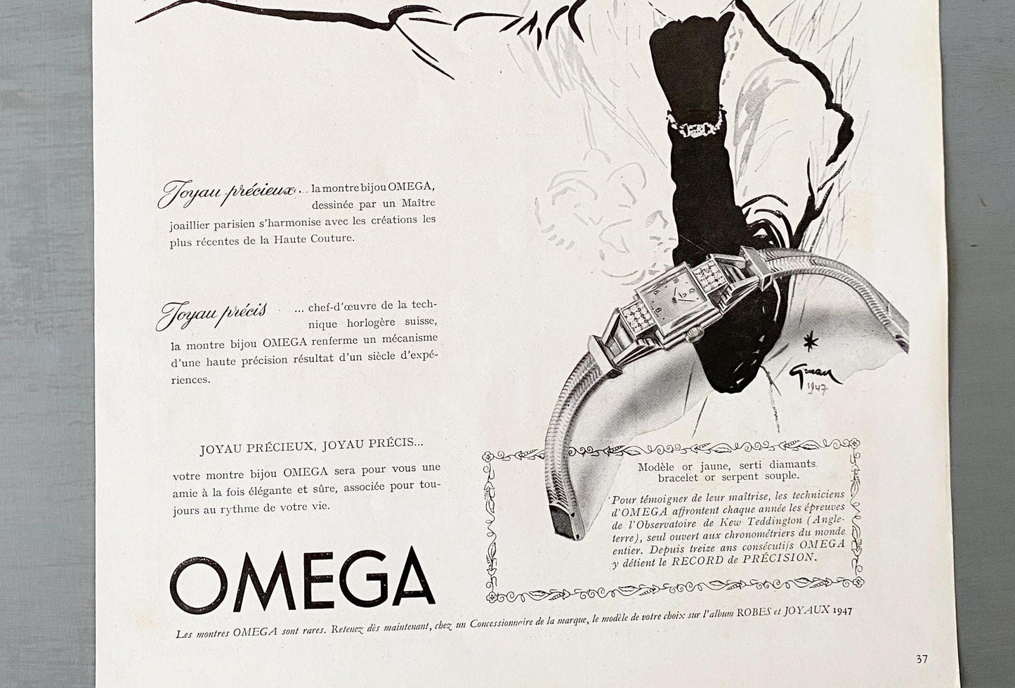 Authentic 1950s Vintage Omega Watch Advertisement Poster: Rene Gruau Drawing Wall Art Print