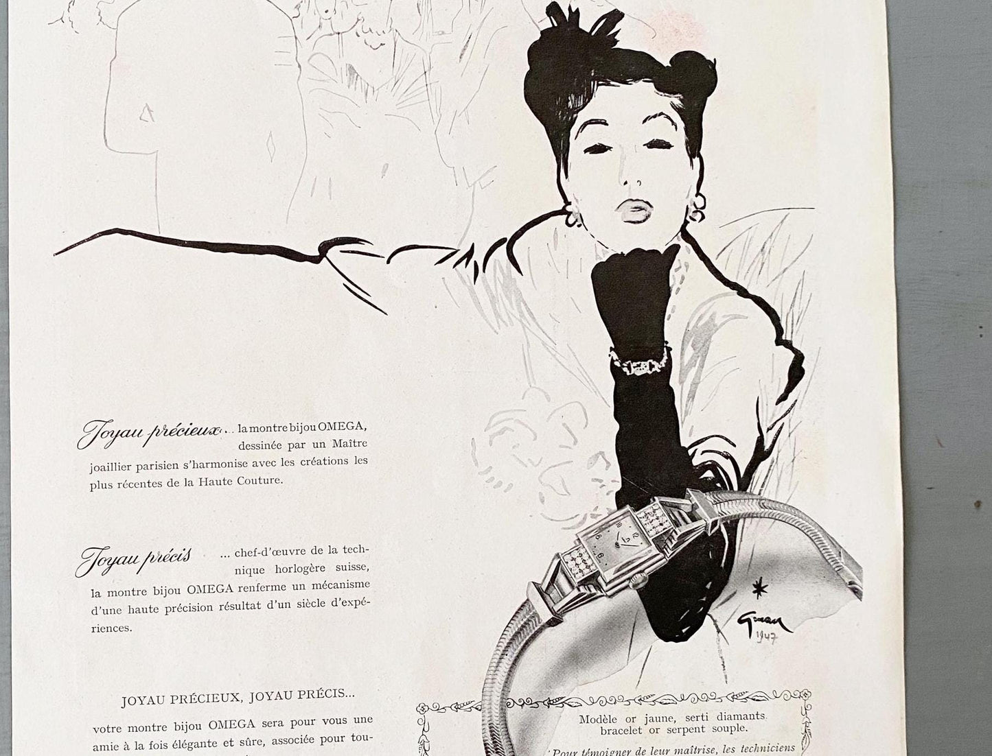 Authentic 1950s Vintage Omega Watch Advertisement Poster: Rene Gruau Drawing Wall Art Print