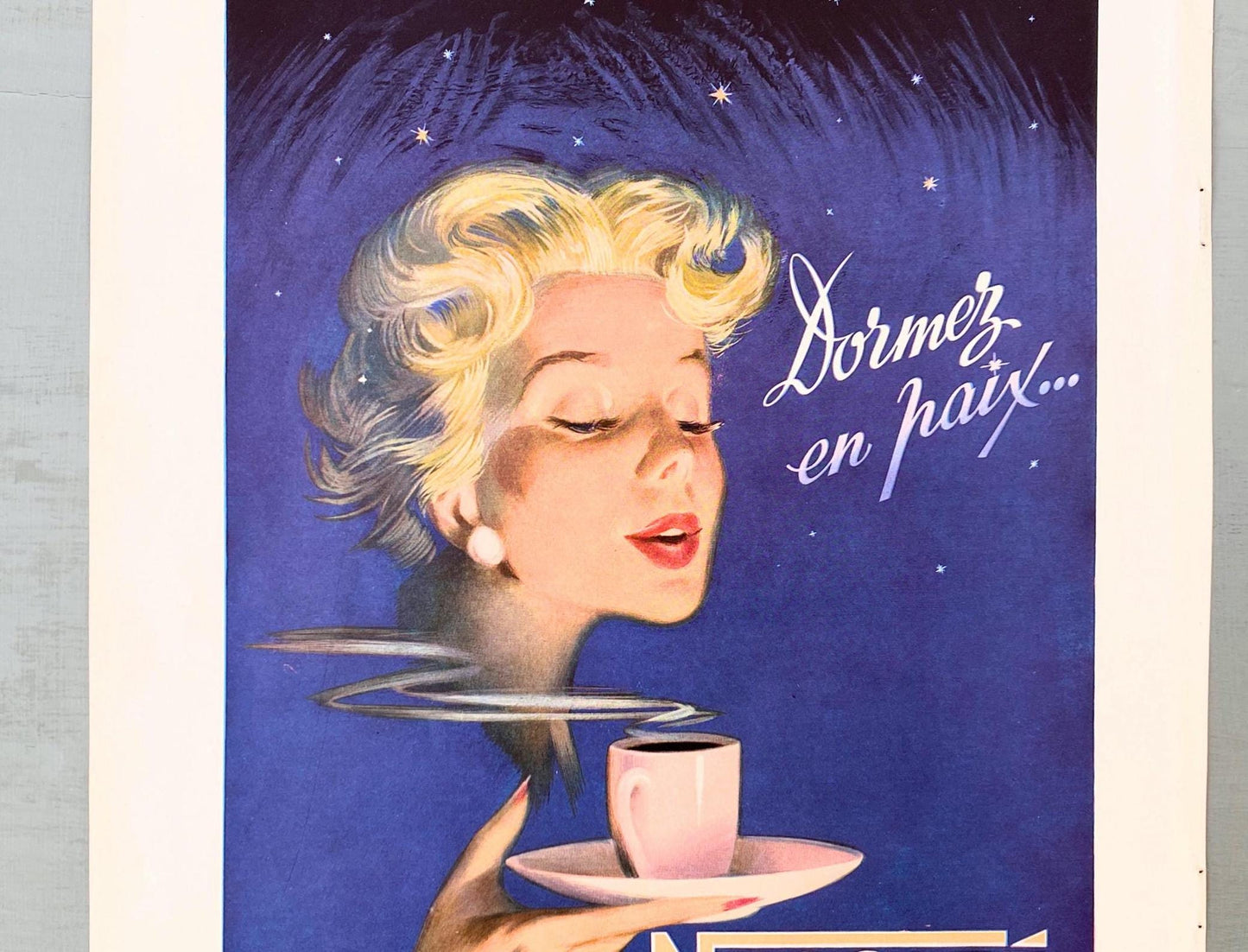 Authentic 1950s Vintage Nescafe Ad Print: Retro Woman with Coffee, Signed Pierre Couronne