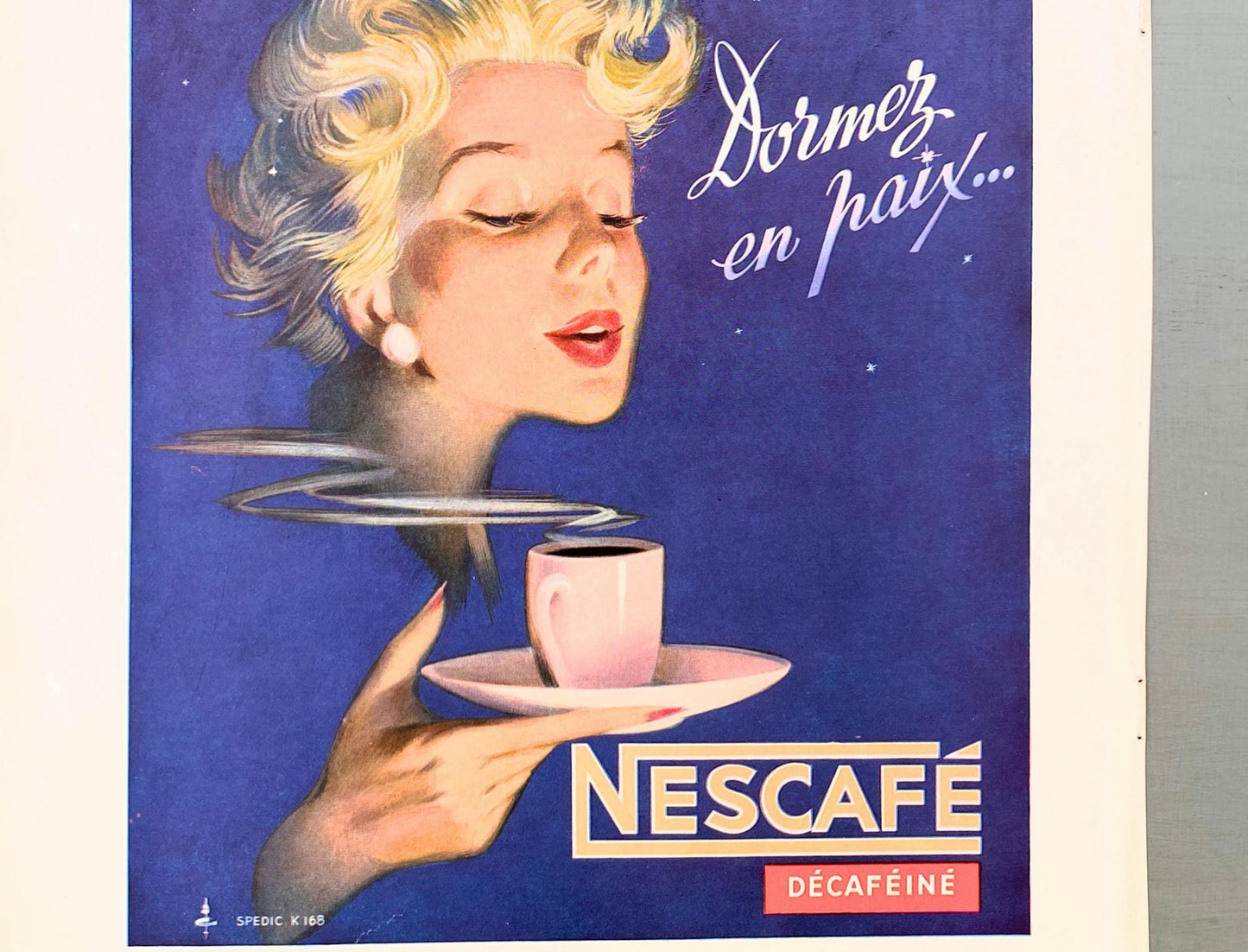Authentic 1950s Vintage Nescafe Ad Print: Retro Woman with Coffee, Signed Pierre Couronne