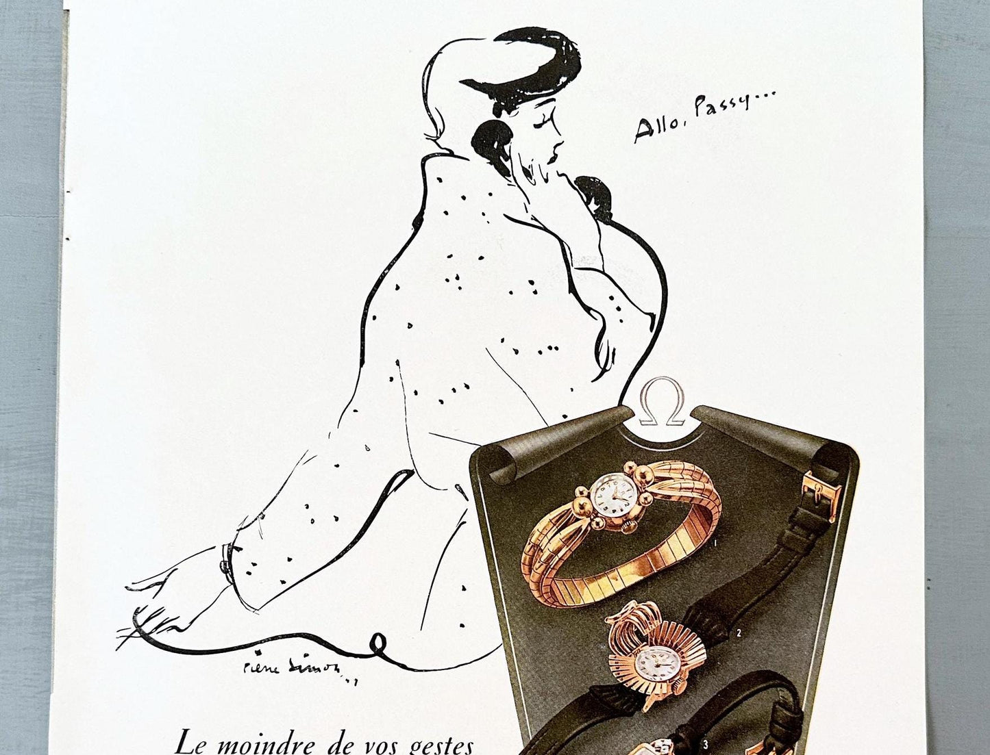 Authentic 1950s Vintage Omega Watch Ad Poster: Pierre Simon French Woman Illustration Print