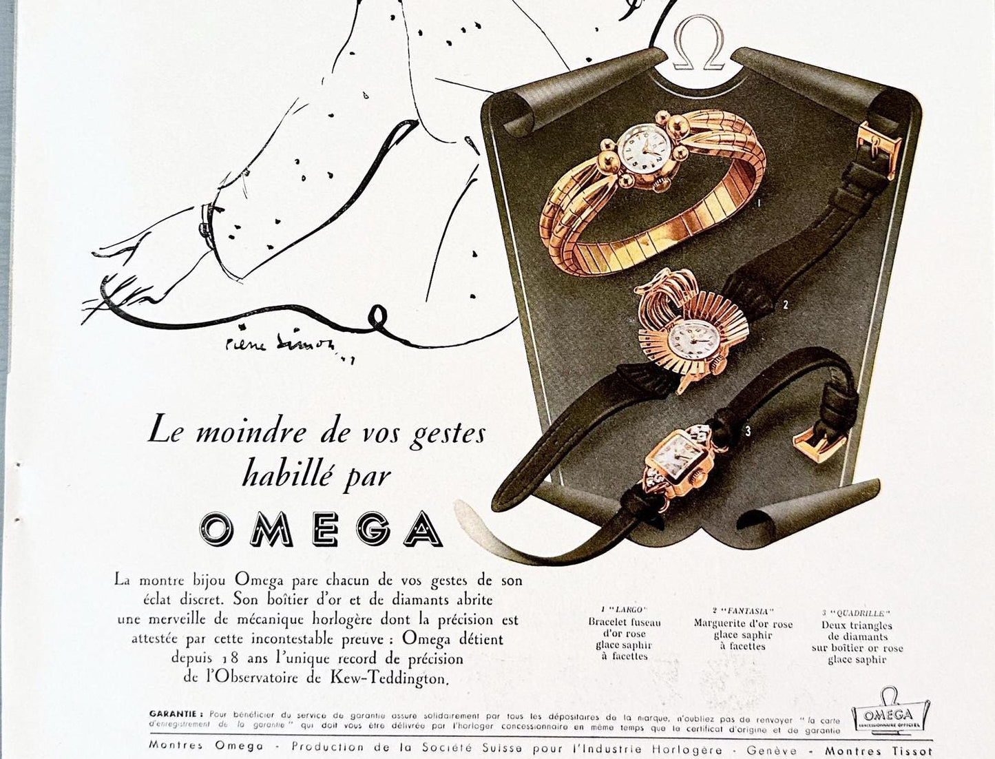 Authentic 1950s Vintage Omega Watch Ad Poster: Pierre Simon French Woman Illustration Print