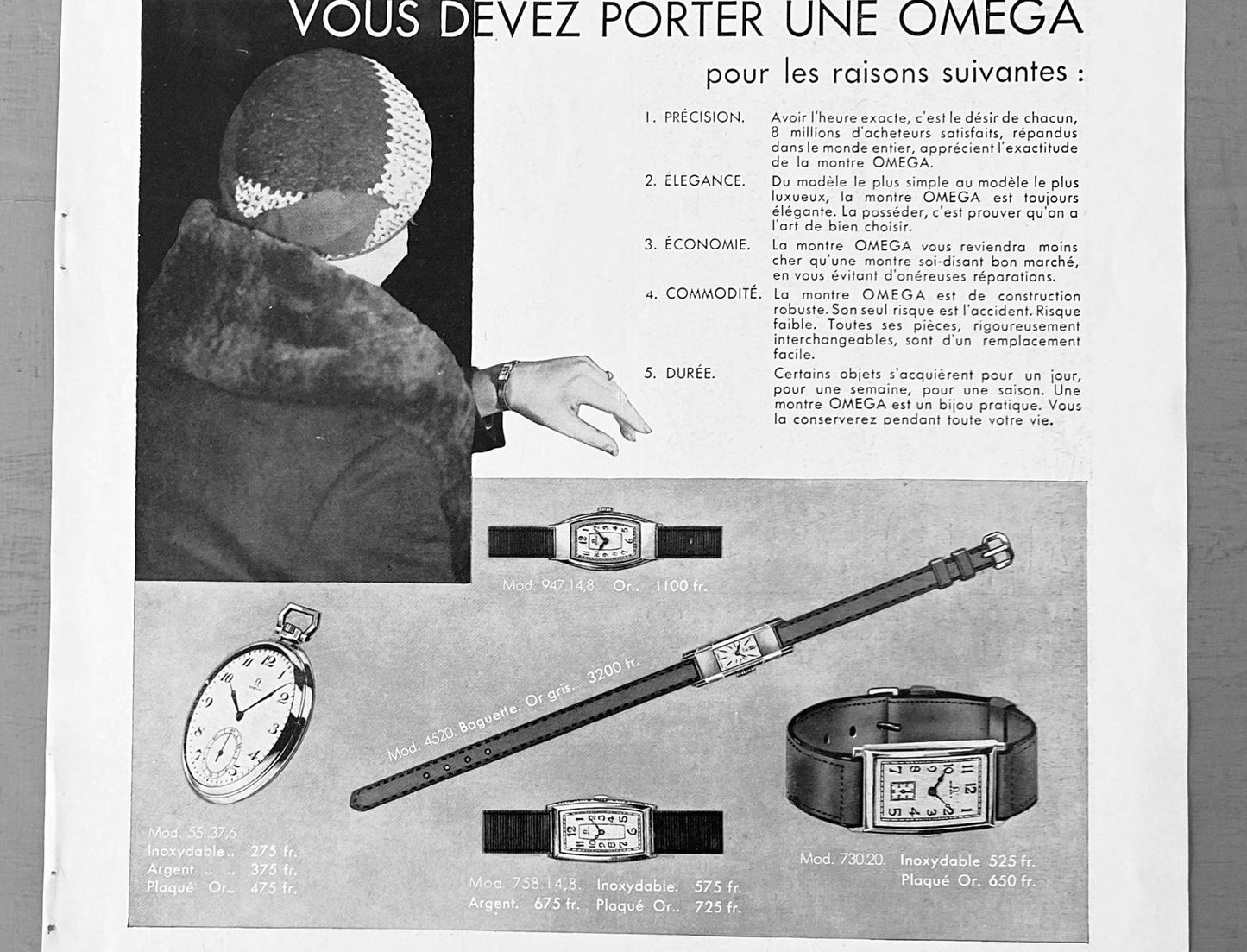 Original 1930s French Vintage Omega Swiss Watch Advertisement Wall Art Print