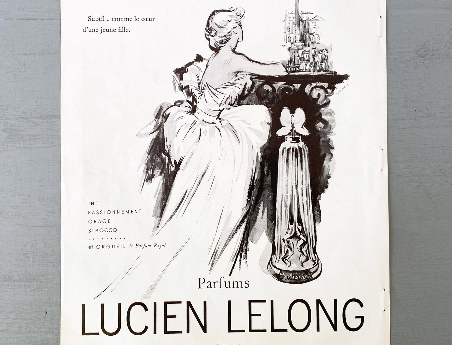 Authentic 1950s Vintage Vogue Magazine Print: Lucien Lelong Perfume Ad, Paris Fashion