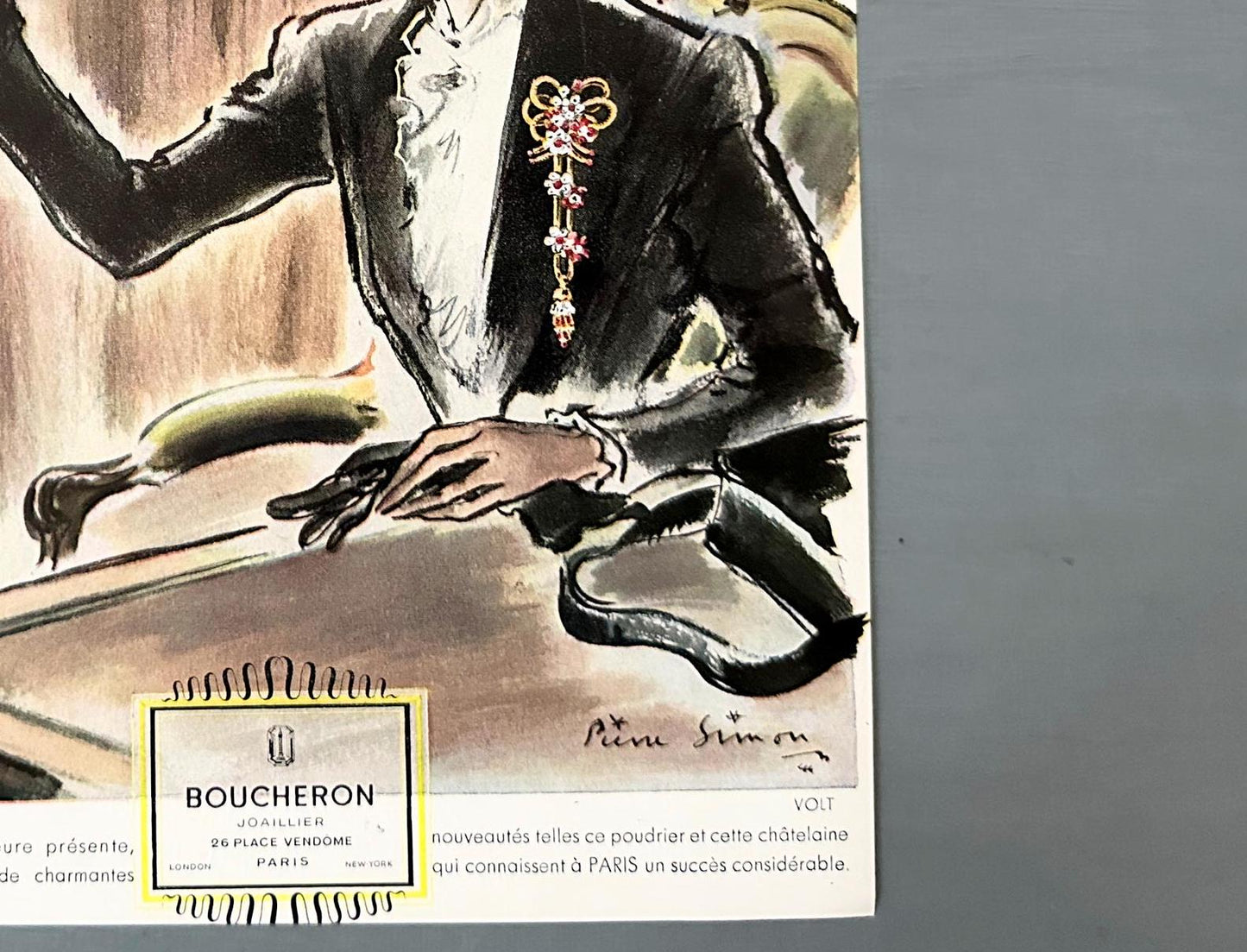 Authentic 1940s Vintage Boucheron Jewelry Ad Print: Pierre Simon Paris Illustration, Mid-Century Fashion Poster