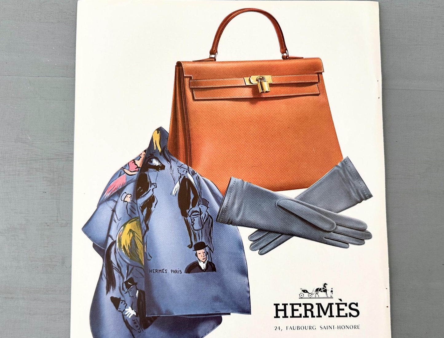 Authentic 1950s French Vintage Hermes Advertisement Poster, Luxury Kelly Bag Fashion Print