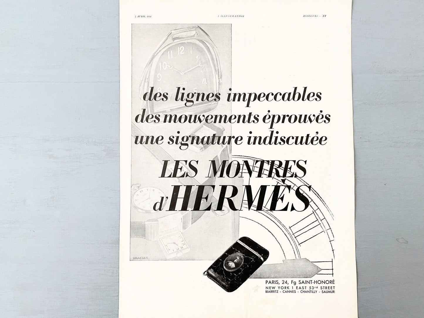 Authentic 1930s Vintage Hermes Advertisement Wall Art Print, Swiss Watch Luxury Brand Poster