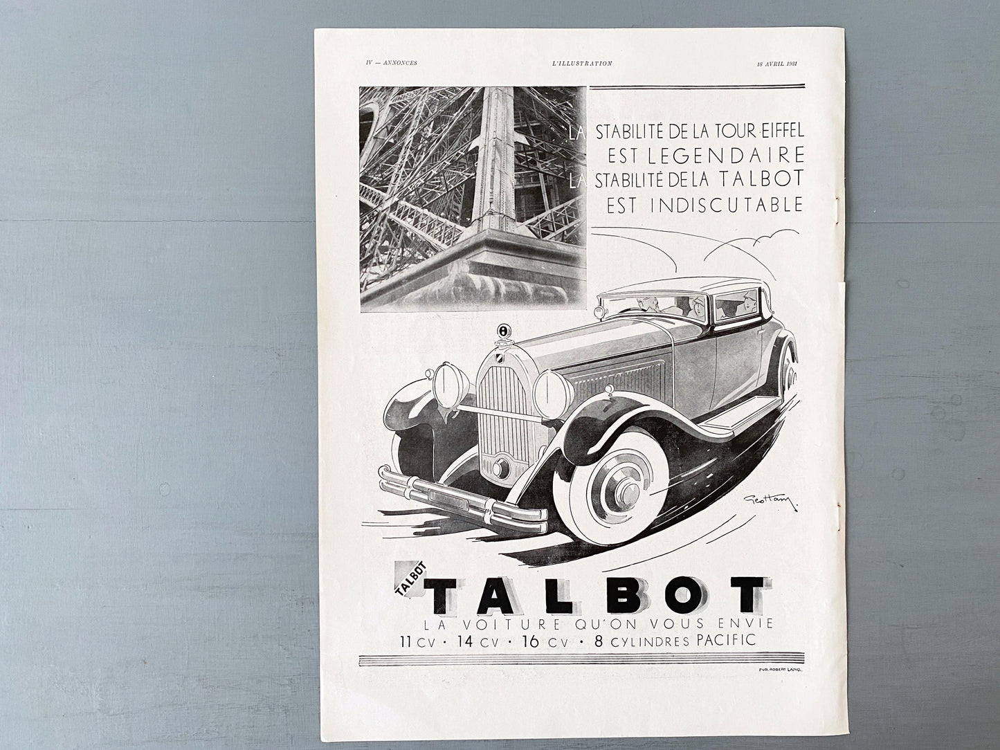 Authentic 1930s French Vintage Talbot Car Advertisement Wall Art Print, Garage Retro Automobile Ad Poster