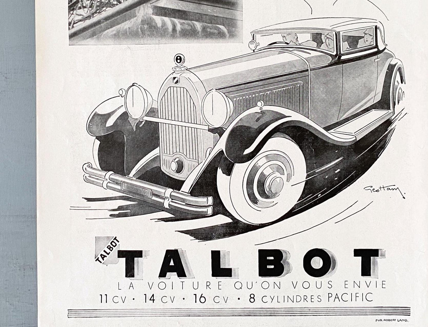 Authentic 1930s French Vintage Talbot Car Advertisement Wall Art Print, Garage Retro Automobile Ad Poster