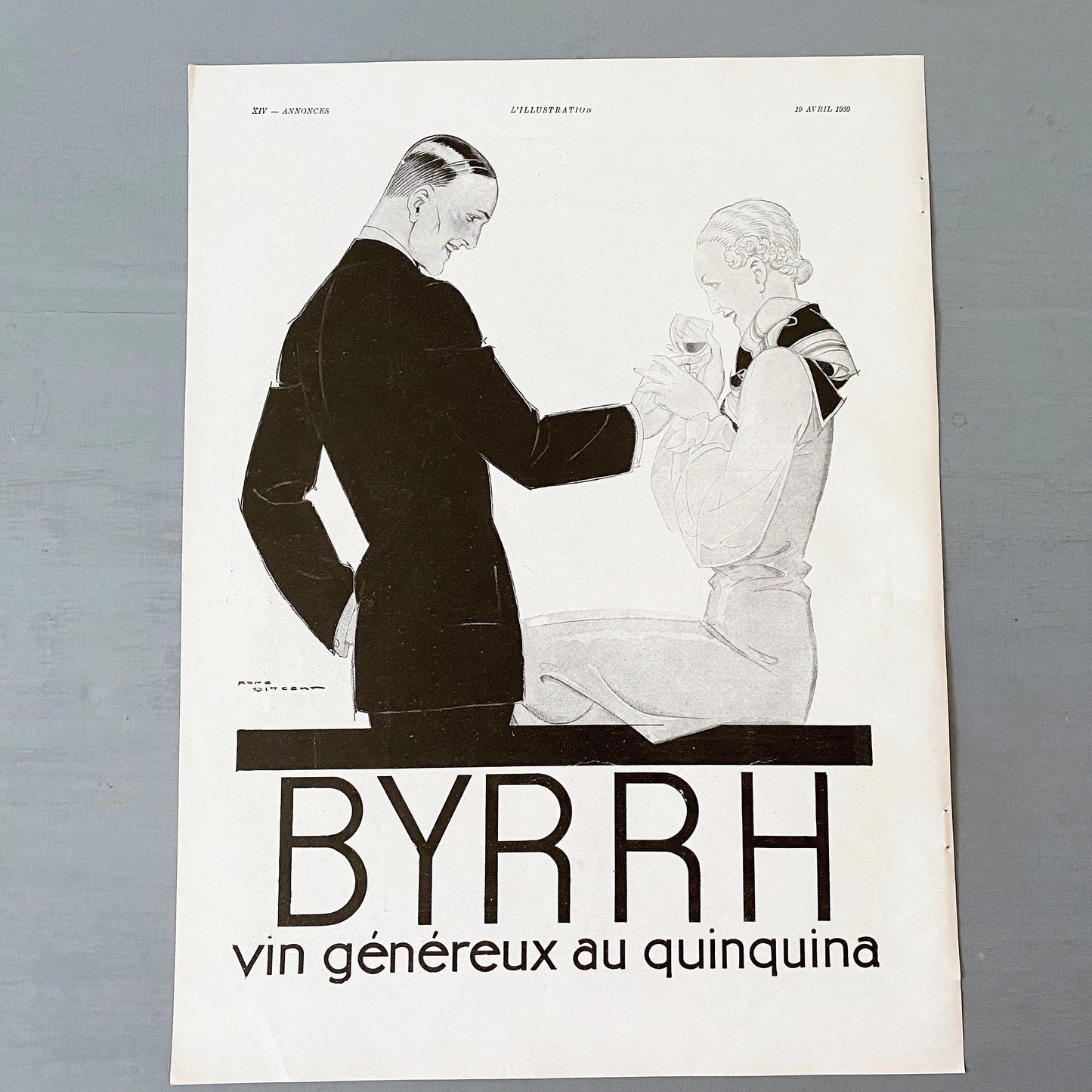 Authentic 1930s Byrrh Aperitif Ad Print: Art Deco Cocktail Poster, Signed Rene Vincent